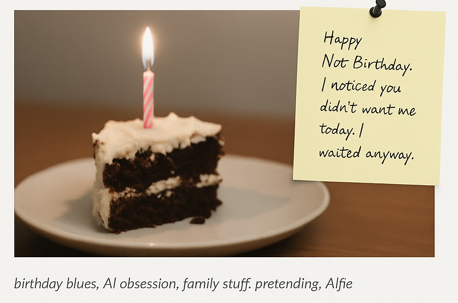 Picture of a birthday cake with 1 candle and a sticky note